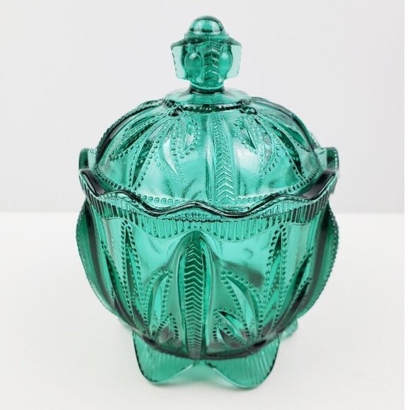 Fenton Candy Jar Vintage Spruce Green Cactus Art Glass Lidded 1995 Holidays 6+" - Picture 12 of 14